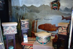 Victor Michael West's Bent wood cedar boxes on display at Tribal Spirit Gallery